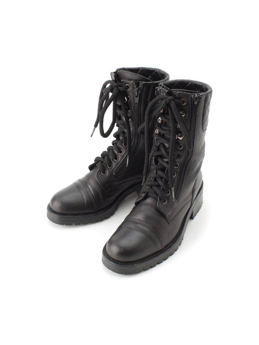 Chanel Sports Quilted Leather Lace-up Boots Shoes Black
